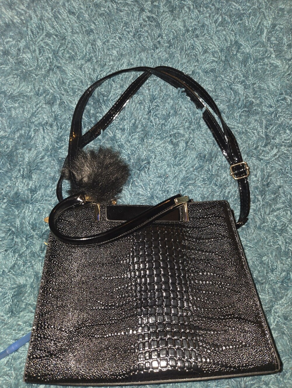 Black Croc-Texture Structured Shoulder Bag with Pom Pom